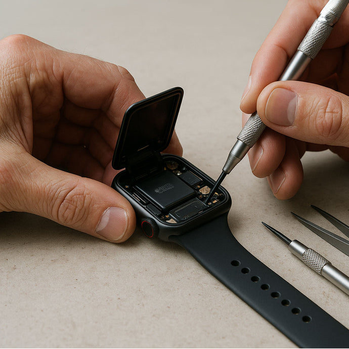 Hands repairing a black smartwatch with a screwdriver on a beige surface