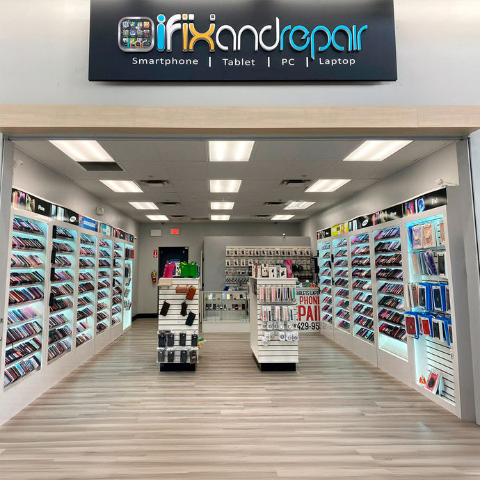 Interior view of an iFixandRepair store and accessories with bright lighting