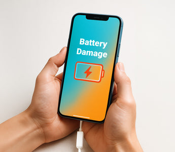 Smartphone displaying battery damage warning on screen held by a person