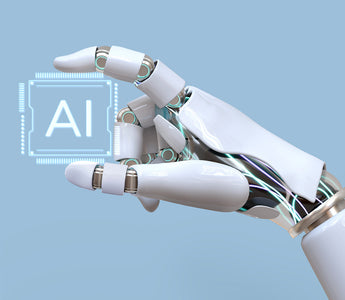 Robotic hand reaching toward a floating AI icon on a blue background