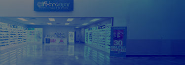 A bright iFixandRepair store interior with a blue overlay and promotional signage