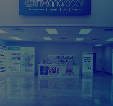 A bright iFixandRepair store interior with a blue overlay and promotional signage