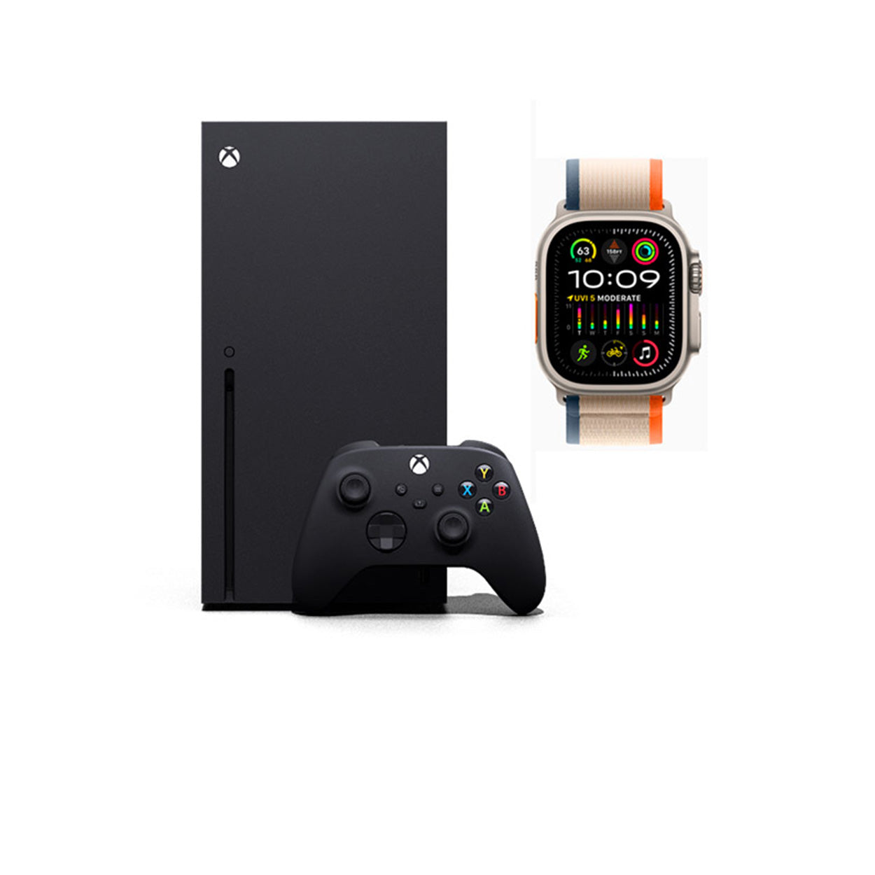 Black gaming console with controller and smartwatch on a white background
