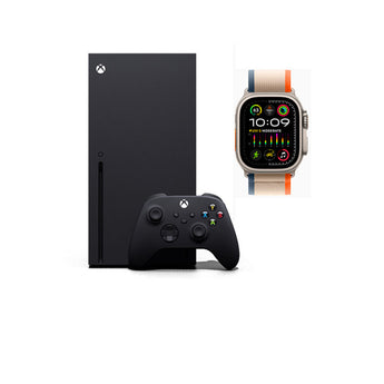 Black gaming console with controller and smartwatch on a white background